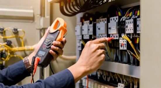 Electrician engineer work  tester measuring  voltage and current of power electric line in electical cabinet control.